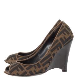 Pre Owned  Fendi Brown Zucca Canvas Peep Toe Wedge Pumps Size 38.5