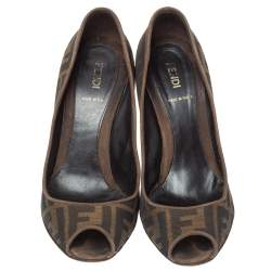 Pre Owned  Fendi Brown Zucca Canvas Peep Toe Wedge Pumps Size 38.5