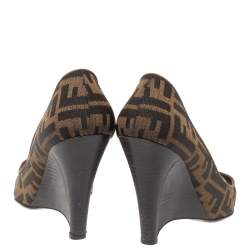 Pre Owned  Fendi Brown Zucca Canvas Peep Toe Wedge Pumps Size 38.5
