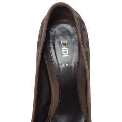 Pre Owned  Fendi Brown Zucca Canvas Peep Toe Wedge Pumps Size 38.5