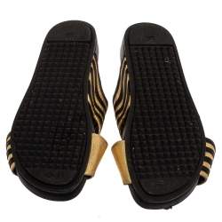 Pre Owned Fendi Gold Edition Black/Gold Leather Wave Pattern Flat Slides Size 39