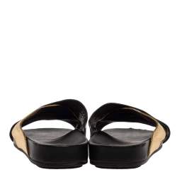 Pre Owned Fendi Gold Edition Black/Gold Leather Wave Pattern Flat Slides Size 39