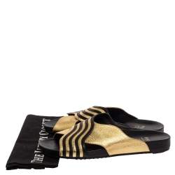 Pre Owned Fendi Gold Edition Black/Gold Leather Wave Pattern Flat Slides Size 39