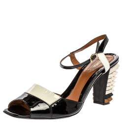 Fendi Two Tone Patent Leather Polifonia Studded Heel Ankle Strap Sandals Size 41