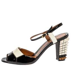 Fendi Two Tone Patent Leather Polifonia Studded Heel Ankle Strap Sandals Size 41
