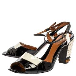 Fendi Two Tone Patent Leather Polifonia Studded Heel Ankle Strap Sandals Size 41