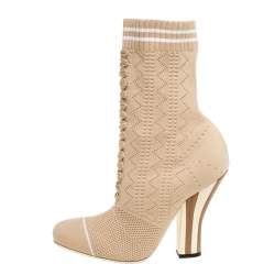 Pre Owned Fendi Beige Knit Fabric Rockoko Runway Openwork Ankle Boots Size 37
