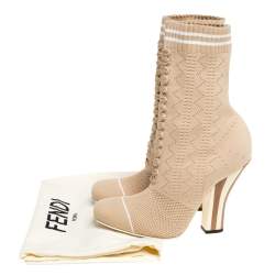 Pre Owned Fendi Beige Knit Fabric Rockoko Runway Openwork Ankle Boots Size 37