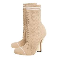 Pre Owned Fendi Beige Knit Fabric Rockoko Runway Openwork Ankle Boots Size 37