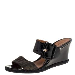 Pre Owned Fendi Black Patent Leather and Tobacco Zucca Canvas Demi Wedge Slides Size 41