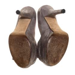 Fendi Silver/Grey Textured Suede Leather Deco Bow Platform Pumps Size 38.5