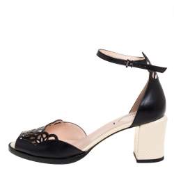 Pre Owned Fendi Black Leather Chameleon Block Heel Ankle Strap Sandals Size 39