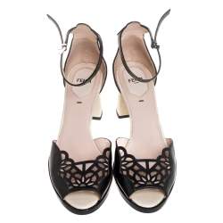 Pre Owned Fendi Black Leather Chameleon Block Heel Ankle Strap Sandals Size 39