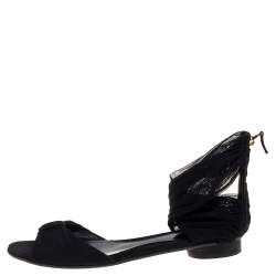 Fendi Black Mesh and Suede Bow Open Toe Flat Sandals Size 39.5
