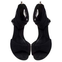 Fendi Black Mesh and Suede Bow Open Toe Flat Sandals Size 39.5