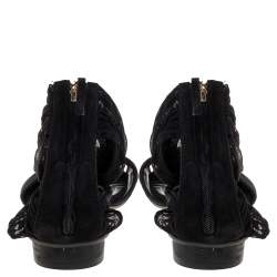 Fendi Black Mesh and Suede Bow Open Toe Flat Sandals Size 39.5