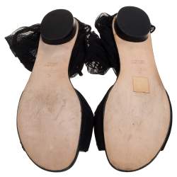 Fendi Black Mesh and Suede Bow Open Toe Flat Sandals Size 39.5