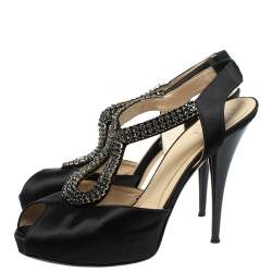 Pre Owned Fendi Black Satin Crystal Embellished Slingback Platform Sandals Size 39