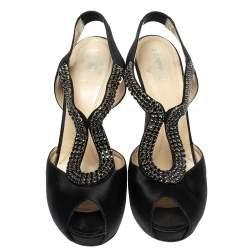 Pre Owned Fendi Black Satin Crystal Embellished Slingback Platform Sandals Size 39