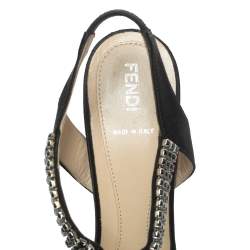 Pre Owned Fendi Black Satin Crystal Embellished Slingback Platform Sandals Size 39