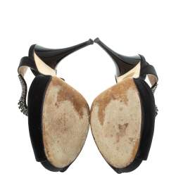 Pre Owned Fendi Black Satin Crystal Embellished Slingback Platform Sandals Size 39