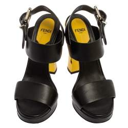 Pre Owned Fendi Black/Neon Green Leather Mirror Heel Ankle Strap Sandals Size 36