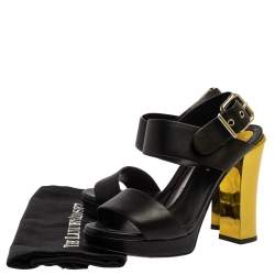 Pre Owned Fendi Black/Neon Green Leather Mirror Heel Ankle Strap Sandals Size 36