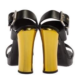 Pre Owned Fendi Black/Neon Green Leather Mirror Heel Ankle Strap Sandals Size 36