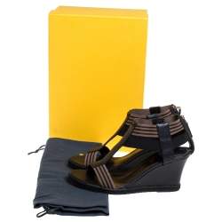 Pre Owned Fendi Black/Brown Leather And Elastic Fabric T-Strap Espadrille Wedge Sandals Size 38.5