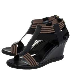 Pre Owned Fendi Black/Brown Leather And Elastic Fabric T-Strap Espadrille Wedge Sandals Size 38.5
