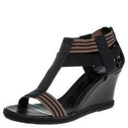 Pre Owned Fendi Black/Brown Leather And Elastic Fabric T-Strap Espadrille Wedge Sandals Size 38.5