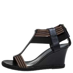 Pre Owned Fendi Black/Brown Leather And Elastic Fabric T-Strap Espadrille Wedge Sandals Size 38.5