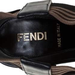 Pre Owned Fendi Black/Brown Leather And Elastic Fabric T-Strap Espadrille Wedge Sandals Size 38.5