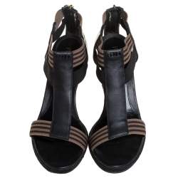 Pre Owned Fendi Black/Brown Leather And Elastic Fabric T-Strap Espadrille Wedge Sandals Size 38.5