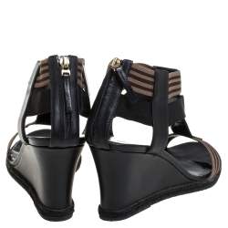 Pre Owned Fendi Black/Brown Leather And Elastic Fabric T-Strap Espadrille Wedge Sandals Size 38.5