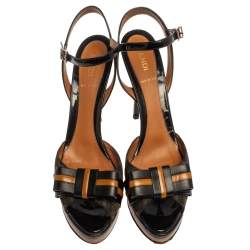 Pre Owned Fendi Black/Brown Canvas And Leather Bow Pep Toe Ankle Strap Sandals Size 37.5