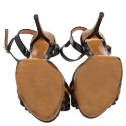 Pre Owned Fendi Black/Brown Canvas And Leather Bow Pep Toe Ankle Strap Sandals Size 37.5