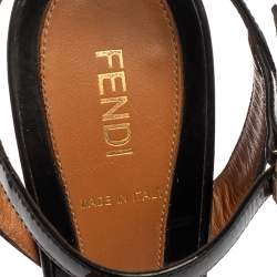 Pre Owned Fendi Black/Brown Canvas And Leather Bow Pep Toe Ankle Strap Sandals Size 37.5