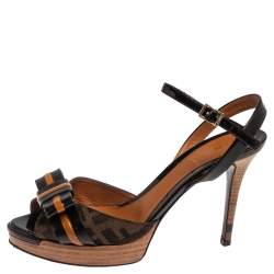 Pre Owned Fendi Black/Brown Canvas And Leather Bow Pep Toe Ankle Strap Sandals Size 37.5