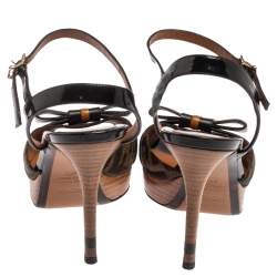 Pre Owned Fendi Black/Brown Canvas And Leather Bow Pep Toe Ankle Strap Sandals Size 37.5