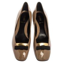 Pre Owned Fendi Dark Beige Patent Leather Bow Ballet Flats Size 37.5