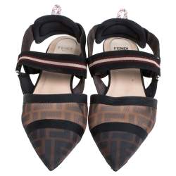 Pre Owned Fendi Black/Brown Zucca Mesh Colibri Slingback Flat Sandals Size 38