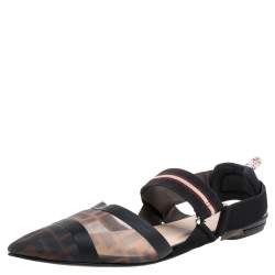 Pre Owned Fendi Black/Brown Zucca Mesh Colibri Slingback Flat Sandals Size 38