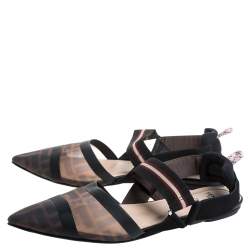 Pre Owned Fendi Black/Brown Zucca Mesh Colibri Slingback Flat Sandals Size 38