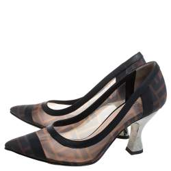 Pre Owned Fendi Brown/Black Zucca Mesh And Leather Trim Colibrì Pointed Toe Pumps Size 35