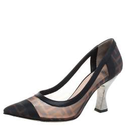 Pre Owned Fendi Brown/Black Zucca Mesh And Leather Trim Colibrì Pointed Toe Pumps Size 35
