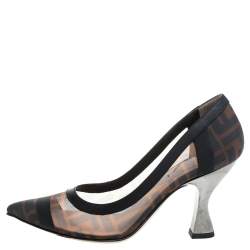 Pre Owned Fendi Brown/Black Zucca Mesh And Leather Trim Colibrì Pointed Toe Pumps Size 35