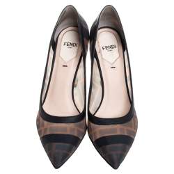 Pre Owned Fendi Brown/Black Zucca Mesh And Leather Trim Colibrì Pointed Toe Pumps Size 35