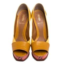 مملوكة مسبقًا Fendi Yellow/Pink Fendista Colorblock Lizard-Embossed Leather Peep Toe Platform Pumps Size 36
