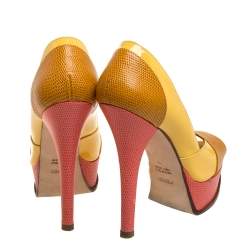مملوكة مسبقًا Fendi Yellow/Pink Fendista Colorblock Lizard-Embossed Leather Peep Toe Platform Pumps Size 36